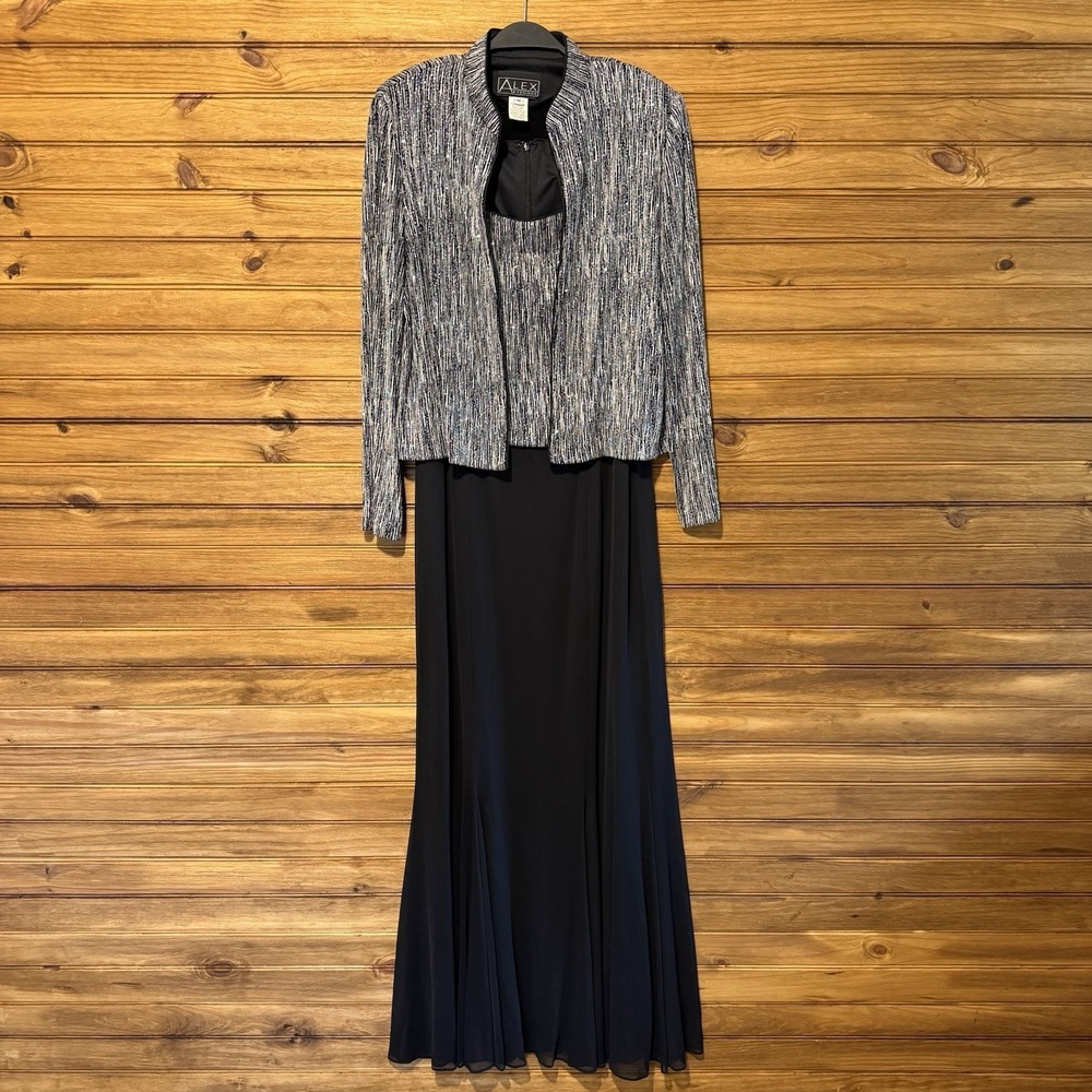 Alex Evenings Evening Gown Dress Womens Size 12 Black Silver Bolero Jacket Set